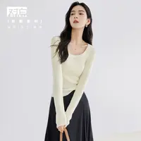 【对白】D01对白复古U领长袖针织衫女简约显瘦短款打底衫上衣DDO081