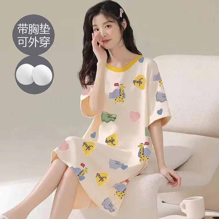  带胸垫睡裙女夏季薄款短袖加肥加大码睡衣卡通免穿文胸连衣裙
