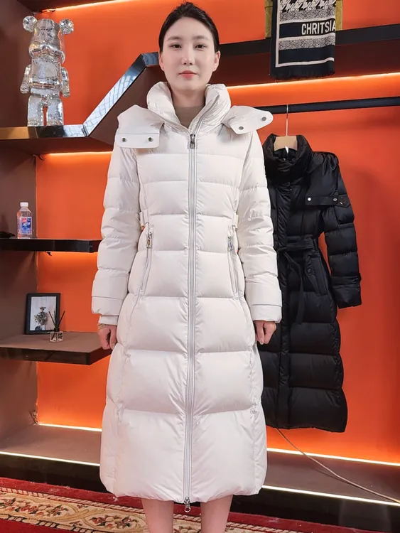欧洲站时尚休闲中长款过膝防风保暖百搭连帽鹅绒服女-824Y001