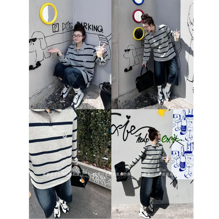 晶咕【少年感！】胸前麦穗刺绣撞色条纹polo领两个版本上衣+连衣裙