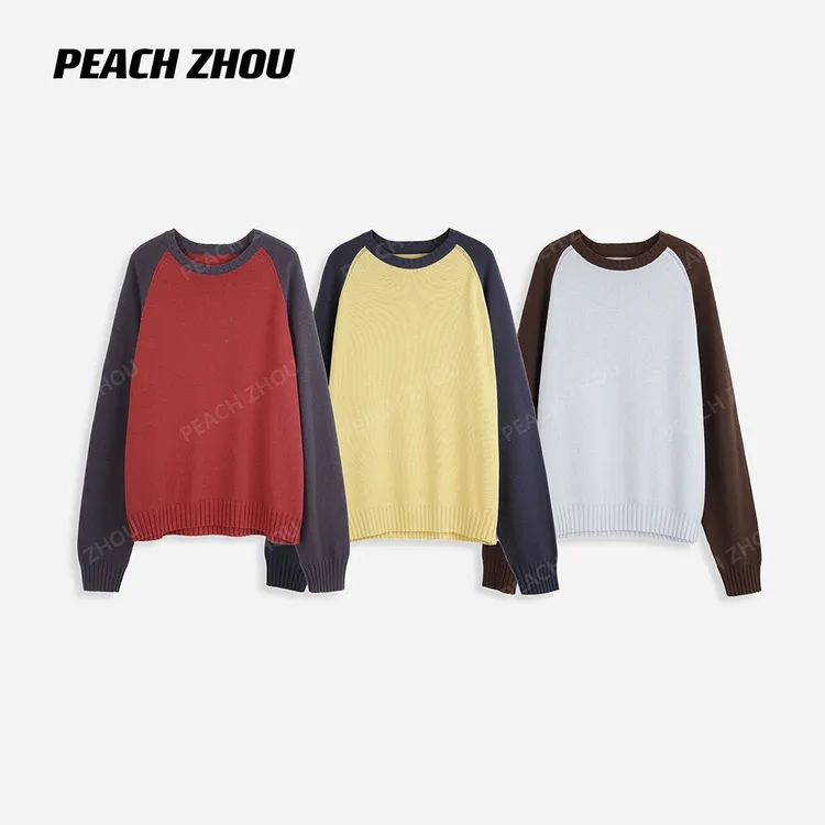 『PEACHZHOU』棉麻毛织撞色插肩宽松圆领针织衫简约休闲薄款毛衣女