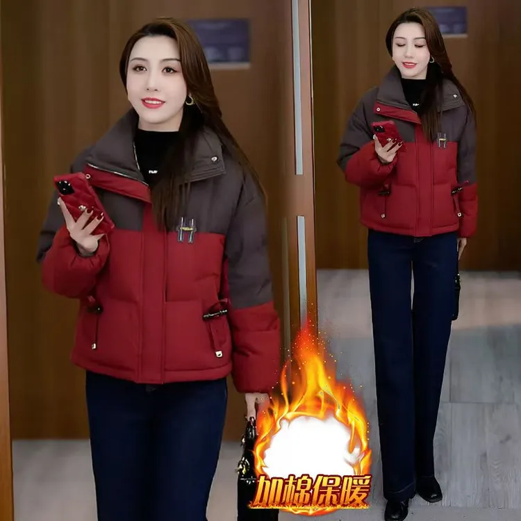 时尚拼色轻奢棉服女2025冬季新款洋气显瘦加厚保暖小个子棉衣外套