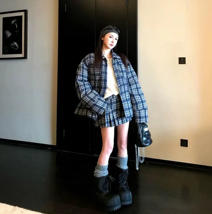 大码海盐特调INS风格纹棉服+百褶半裙女冬季百褶裙套装