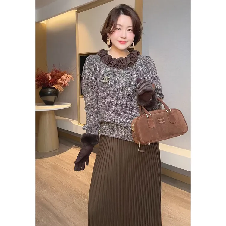 【DIS 定制】【摩卡玫瑰】设计感立体花朵针织打底衫Z525C18318