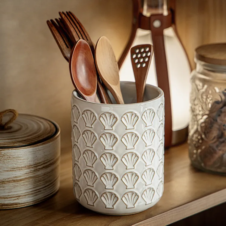 小悠家 浮雕扇贝陶瓷收纳罐刀叉勺储物罐高颜值筷子筒桌面摆件