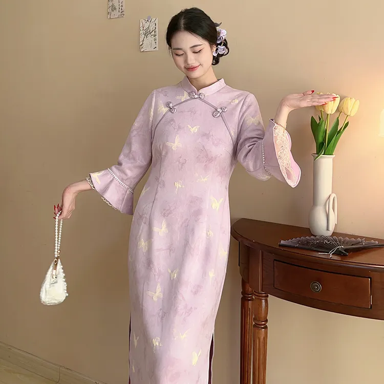 晓蝶【自制款】新中式淡紫色高贵清雅大码胖mm旗袍气质连衣裙绝美