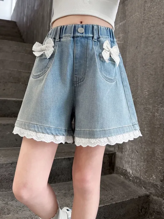 女童2025夏款女中大童甜美蕾丝花边立体蝴蝶结水洗牛仔裤短裤热裤