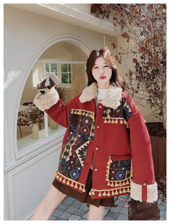 羊羔毛拼接夹棉派克棉服女冬新款2025超火印花流苏加厚红色棉袄