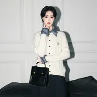 杏色假两件毛衣外套女春秋2025秋季新款格子拼接麻花针织开衫上衣