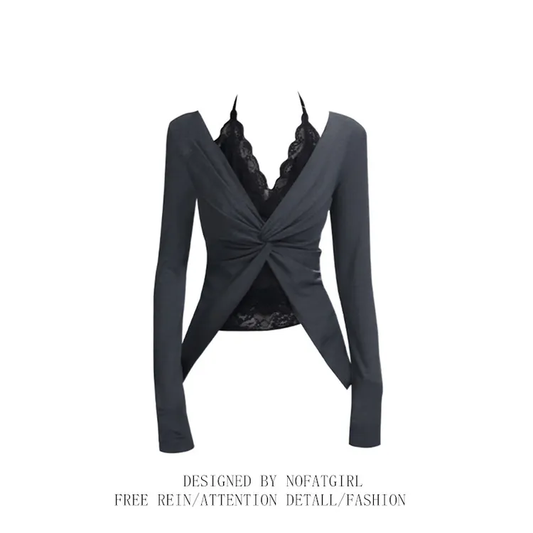 大码胖MM灰色假两件蕾丝拼接长袖T恤女2025新款秋季修身显瘦上衣