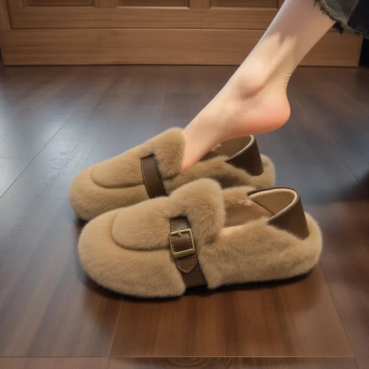 轻奢小香风毛毛鞋女冬季外穿欧货加绒雪地靴软底一脚蹬豆豆棉鞋