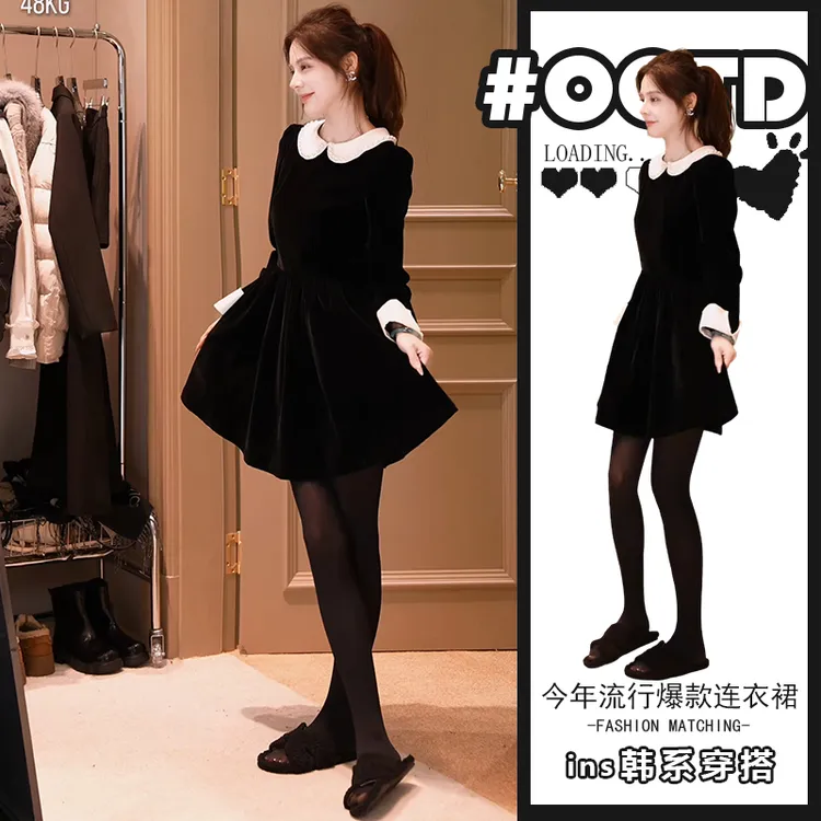 桔梗法式连衣裙2025秋冬新款设计感别致撞色拼接小个子收腰A字裙