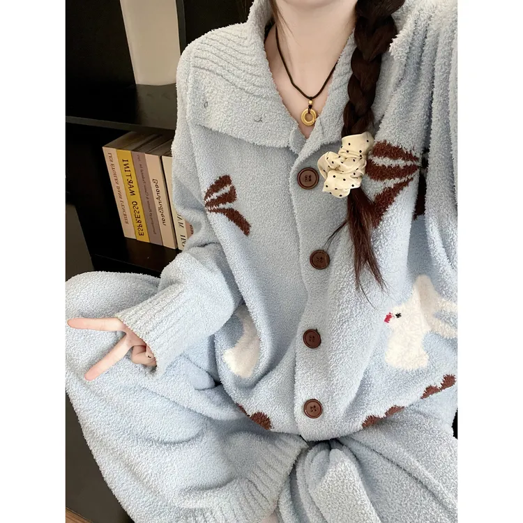 韩系可爱白鸽印花半边绒睡衣女款冬季慵懒感加绒保暖家居服套装冬