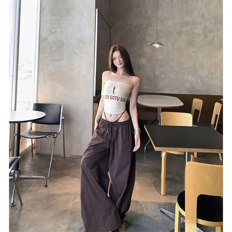 2025夏季新款一字肩美式辣妹显瘦背心女阔腿宽松工装裤套装夏季女