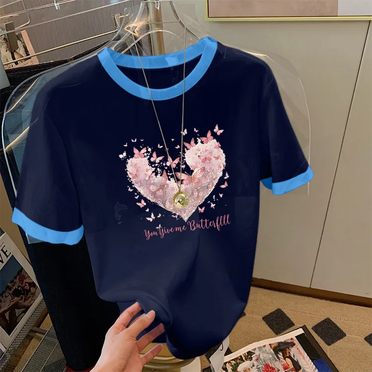 小众不撞款正肩拼色圆领短袖t恤女装ins潮时尚减龄洋气藏青色上衣