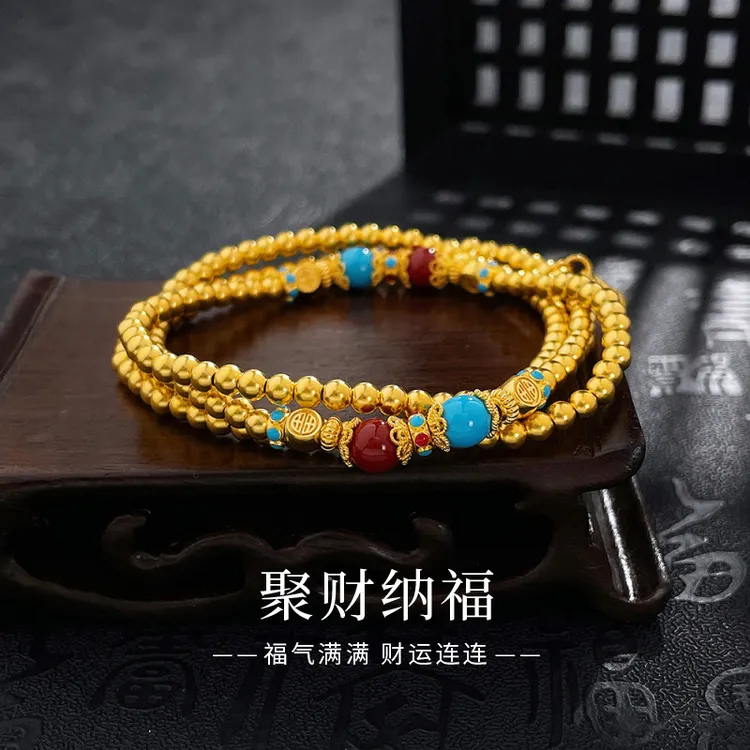 老鳯祥足金999古法福禄圆满福牌转运金珠手串送女友节日礼物*商城