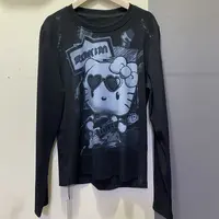 2562秋季新品2025弹琴猫咪印图T恤潮牌时尚显瘦百搭上衣女