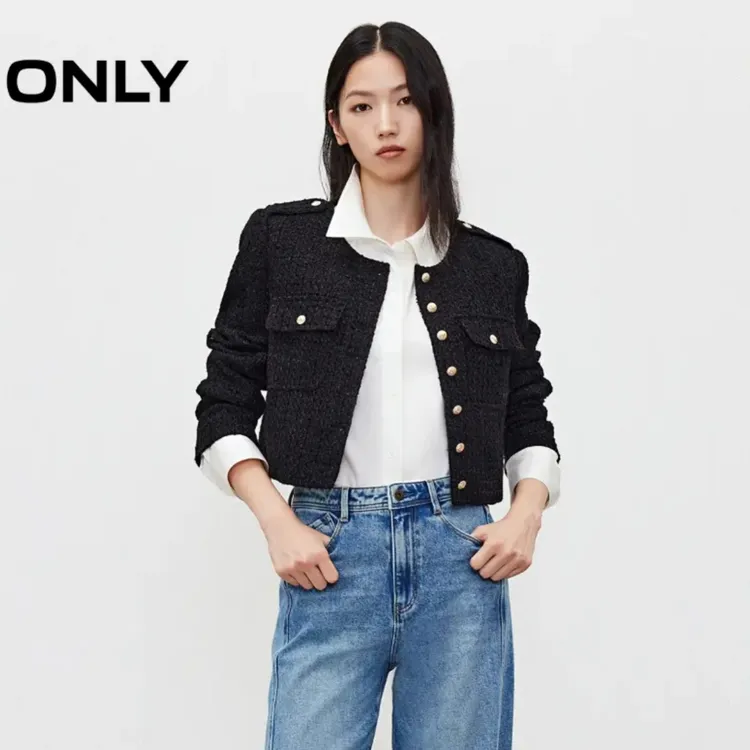 ONLY2025秋季新款利落正肩短款粗花呢小香风外套女|125408001