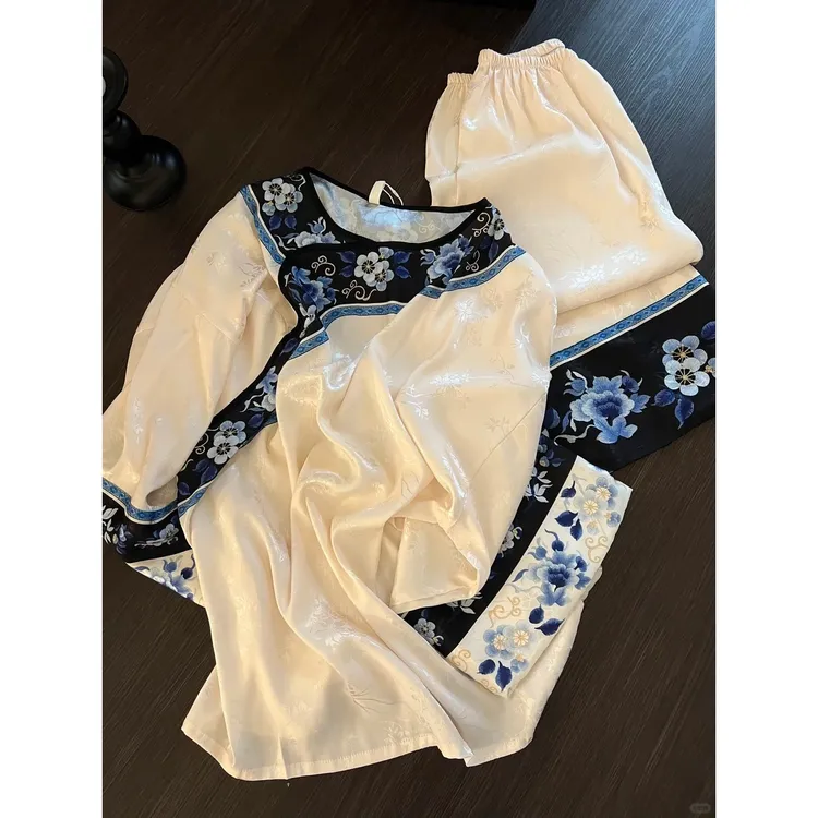 国风新中式花卉汉服睡衣女夏季古风宽松短袖长裤套装大码家居服