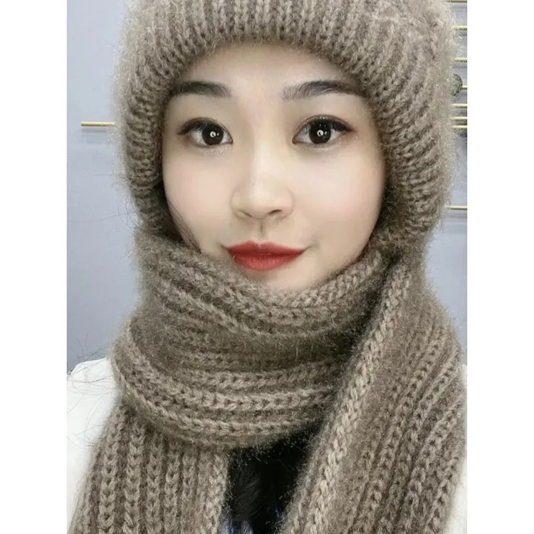 加绒针织风雪帽冬天保暖护颈妈妈洋气护耳包头帽帽子围巾一体帽女
