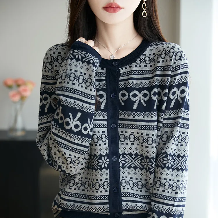 哥弟阿玛施正品秋款女装针织衫女时尚蝴蝶结气质毛衣外套女开衫