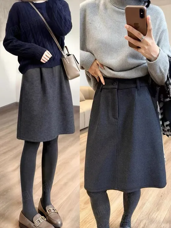 藏肉花苞中裙 半身裙加厚高腰简约通勤短裙秋冬毛呢裙