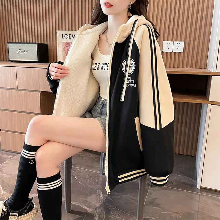 加绒加厚棒球服女冬季棉服初高中学生宽松休闲刺绣连帽卫衣外套潮