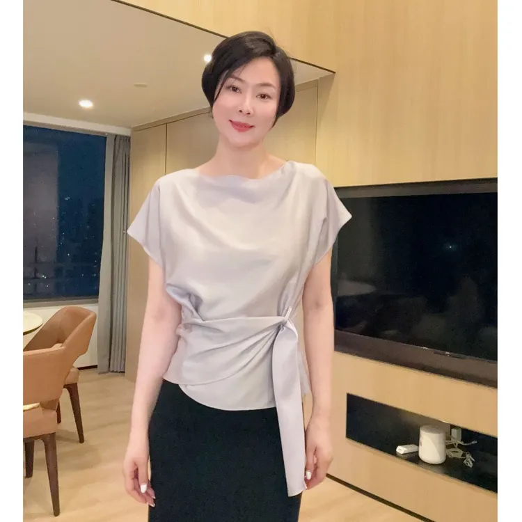 【特价】桑蚕丝气质系带设计款短袖百搭小衫X235