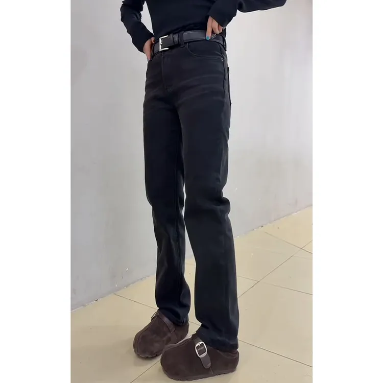 秋冬新款加绒加厚高腰牛仔裤女2025大码窄版修身显瘦百搭直筒长裤