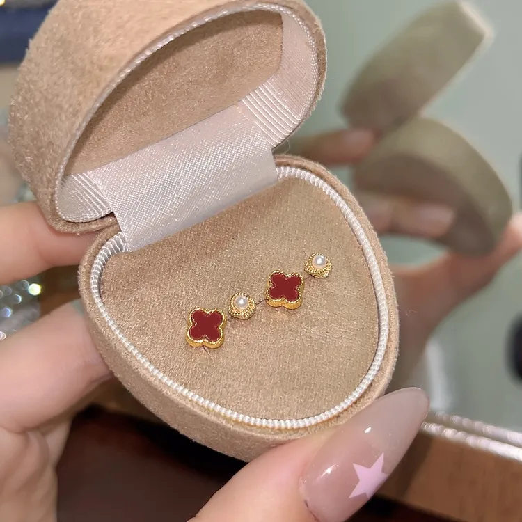 银致 合金耳饰 4件套红色四叶草耳钉小众轻奢高级感2025新款爆款