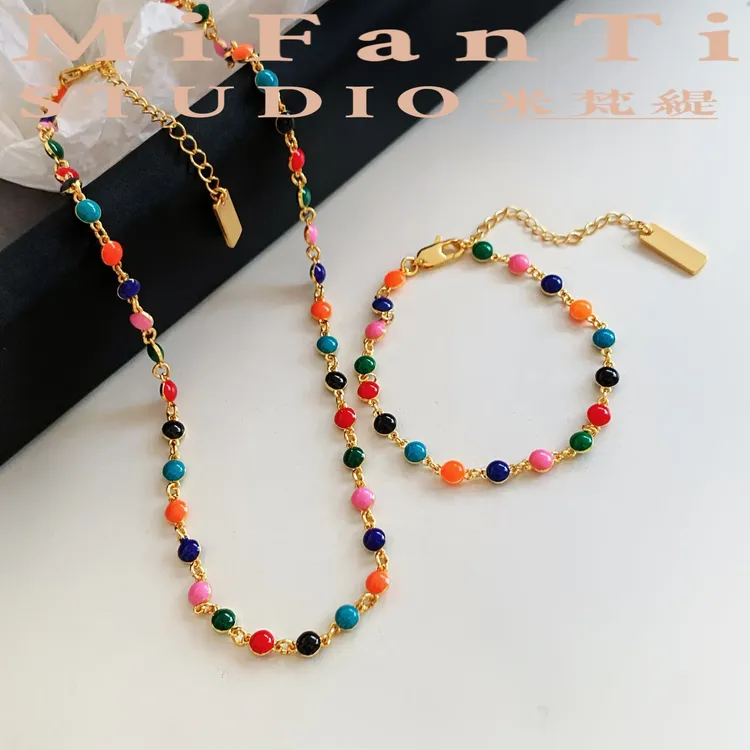 米梵缇 铜珐琅项链 新中式波西米亚风撞色手链女 长约46cm/22cm