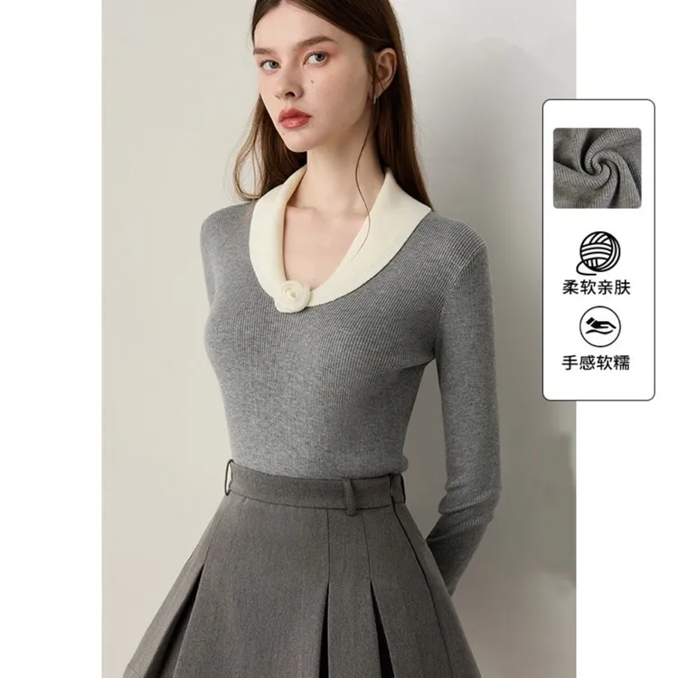 2025年秋季新款灰色翻领长袖上衣女含毛气质修身上衣