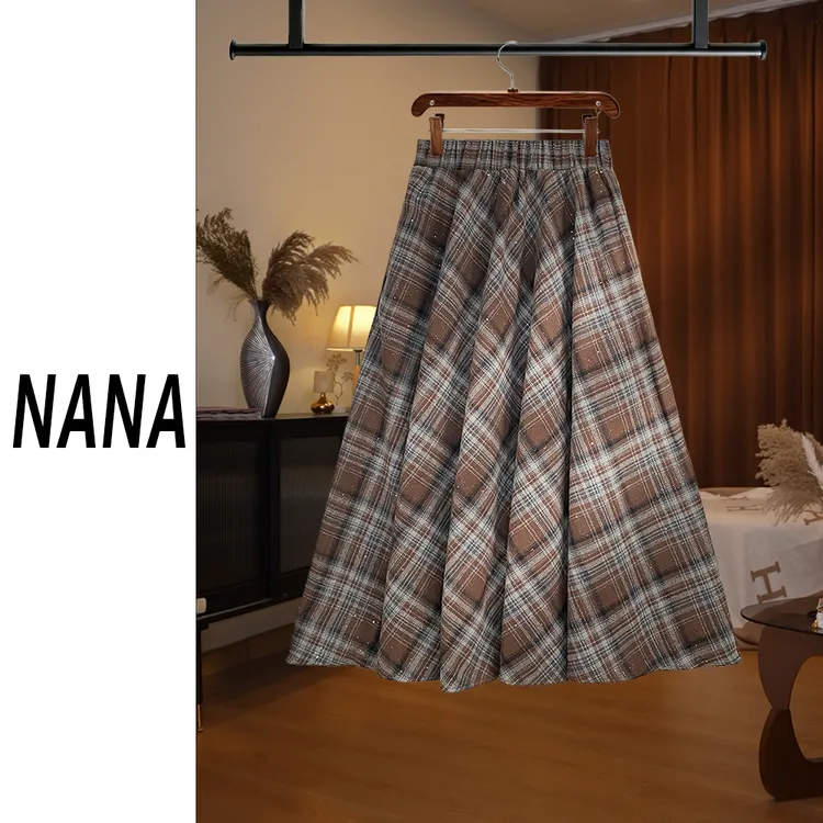 【NANA专属】秋冬小个子复古中长款a字毛呢伞裙长裙格子半裙女D8029