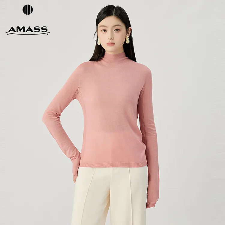 阿玛施AMASS 舒适百搭纯色半高领两侧竖纹薄款长袖针织衫538092