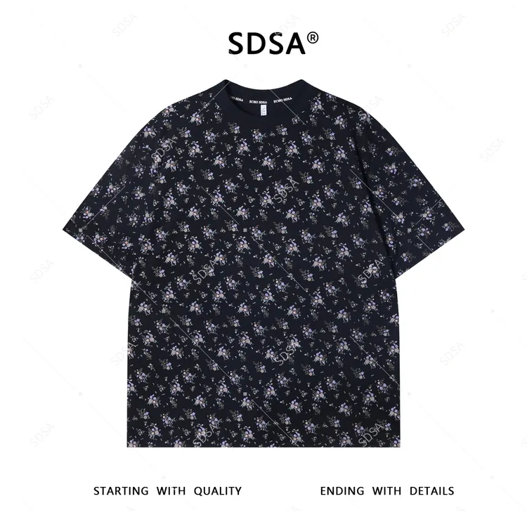夏季高级感新款男士美式满印花卉印花短袖T恤宽松潮流圆领上衣