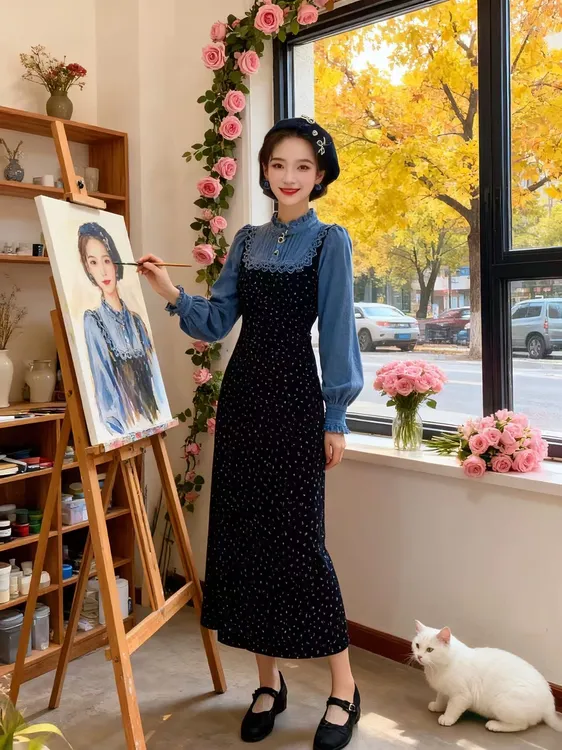 1-【运补6】676#法式温柔风收腰显瘦假两件拼接长袖碎花连衣裙新款