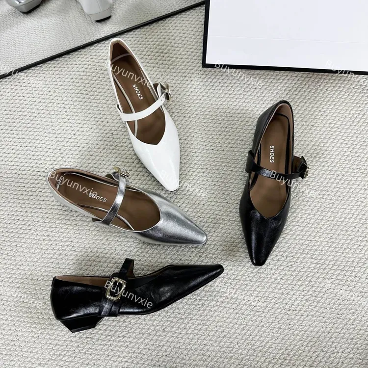 2025春季气质款尖头一字带中跟单鞋平地低跟鞋气质时尚玛丽珍百搭