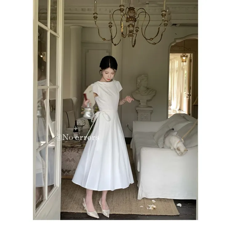 【幸子小姐】设计感系带船领连衣裙2025夏季收腰显瘦轻奢气质长裙女