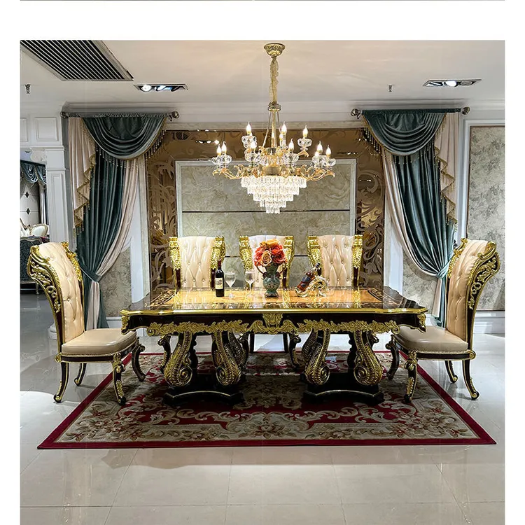 法式长餐桌椅组合 欧式宫廷奢华实木雕花餐桌6人餐厅大型木皮桌子