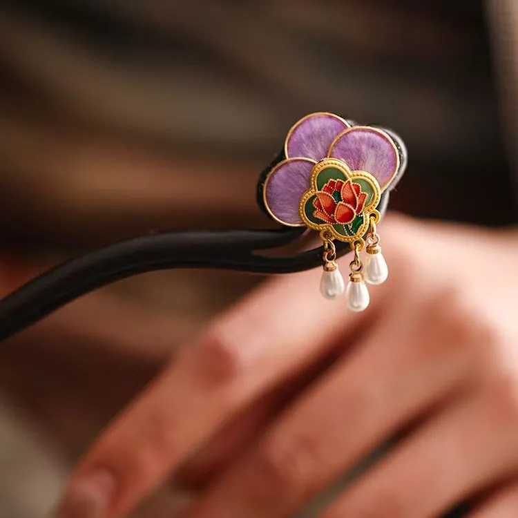 新中式蚕丝手工掐丝绒流苏发饰缠花发簪古风头饰复古风绒花发簪