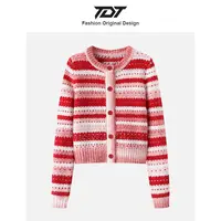 「TDT」2025秋季新款羊毛混纺红色条纹针织开衫女氛围感上衣毛衣