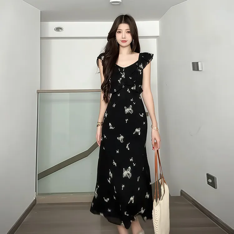 【夏夜蝶影】飞飞袖蝴蝶印花鱼尾裙小个子无袖碎花中长款连衣裙女夏