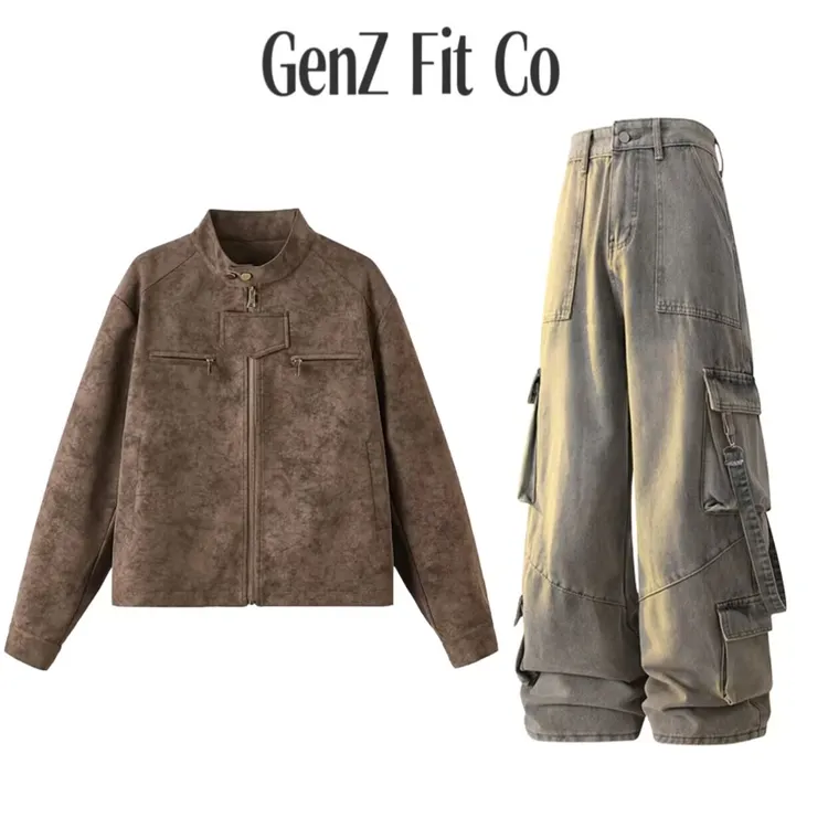 GenZFitCo立领扎染秋季夹克老钱风休闲日系复古外套做旧工装套装