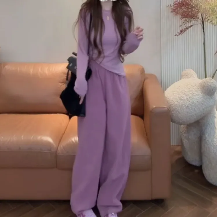 【粉色肉桂两件套】2025冬季韩系时尚 上衣+裤子时尚两件套装