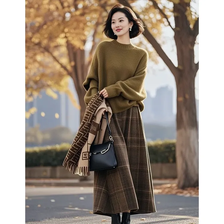 2025新款春装搭配一整套韩系穿搭宽松显瘦绿色毛衣格子半身裙套装