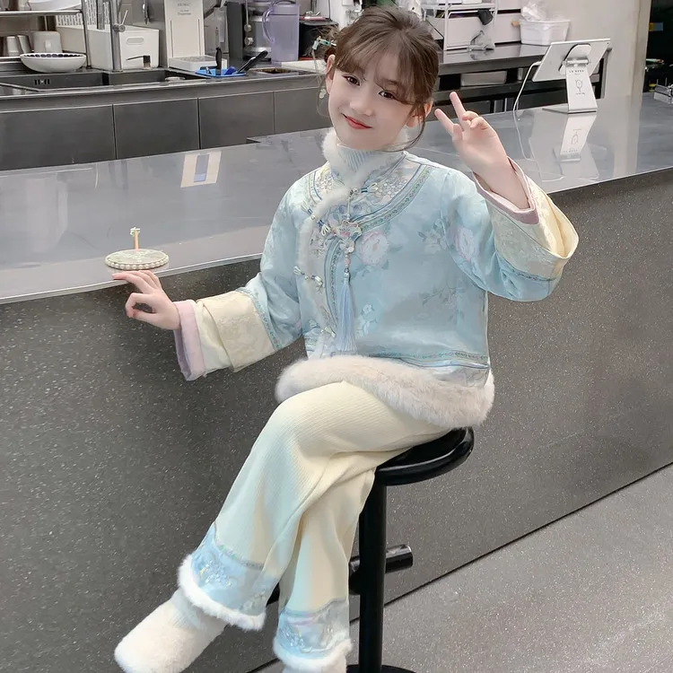 儿童套装汉服女童唐装中式中国风复古古风洋气加绒拜年服女童冬
