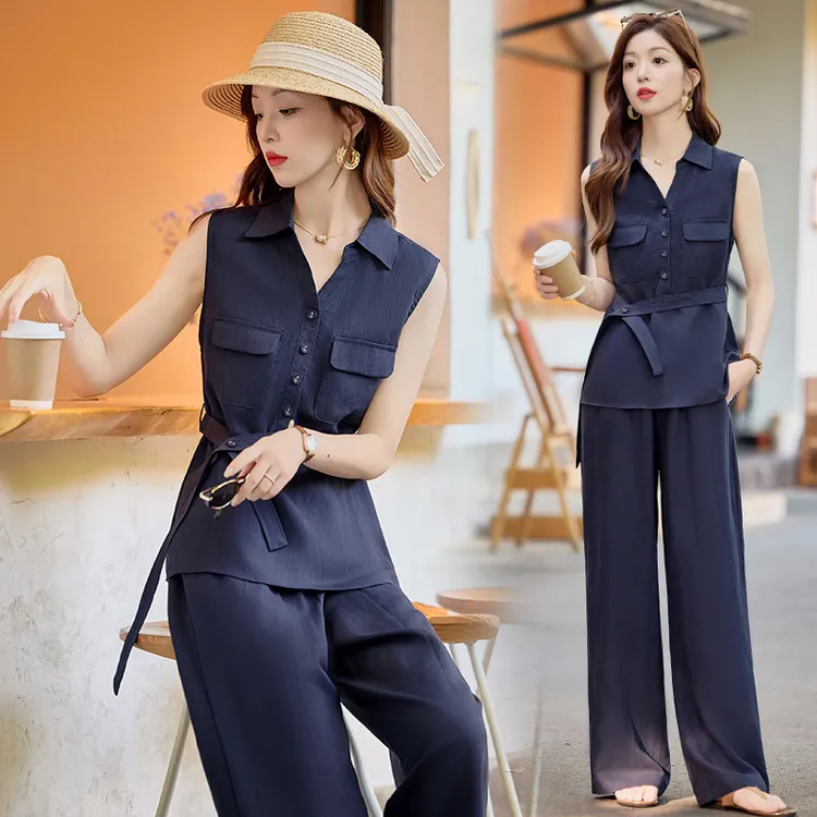 亚麻套装女2025夏季新款高级感洋气减龄显瘦马甲阔腿裤两件套潮