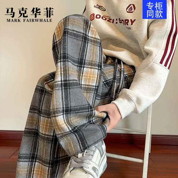 马克华菲新款慵懒风480g重磅大码毛呢撞色格子休闲裤男