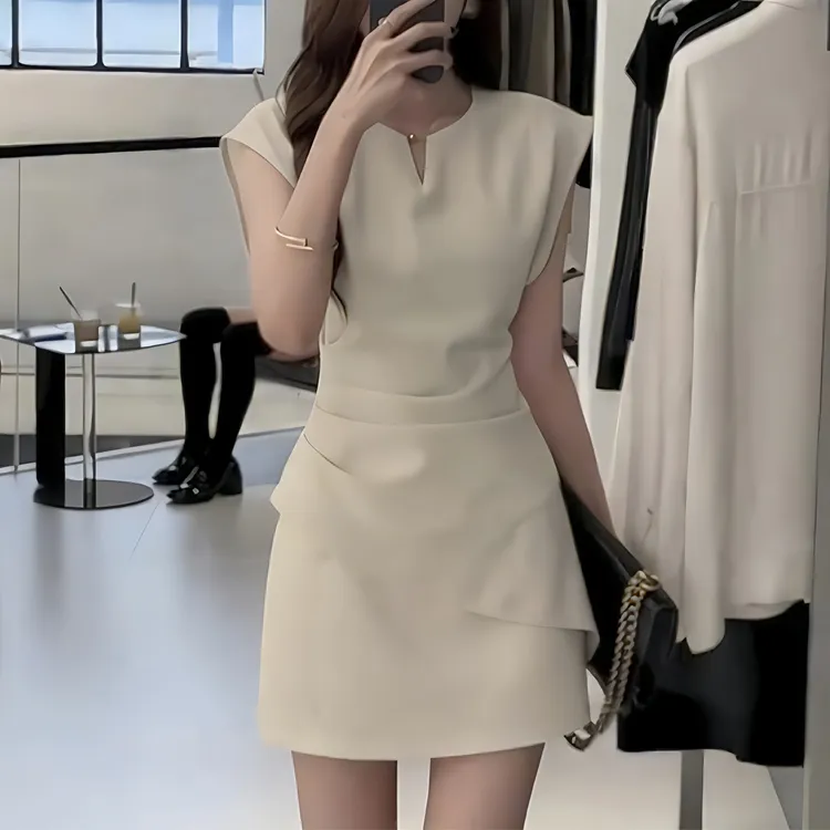 气质名媛风V领不规则收腰短袖套装女2025夏季设计感独特别致套装