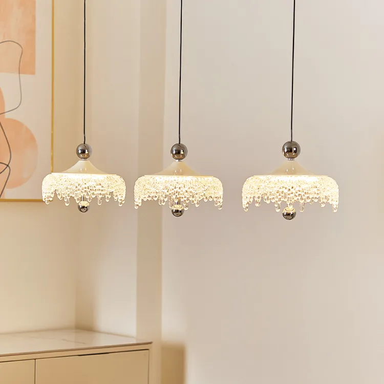 法式奶油水滴餐厅吊灯高级感三头长盘吧台中古复古岛台触摸吊线灯